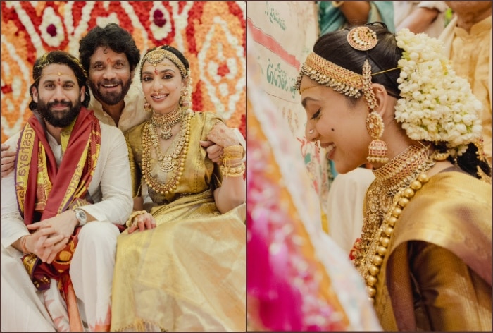 Newlywed Naga Chaitanya and Sobhita Dhulipala with Nagarjuna